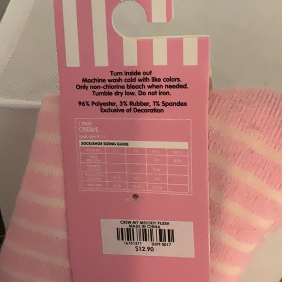 Sale! Sanrio My Melody Crew Socks, Shoe Size 5-10 Fits 9-11, Pink/White, NWT - Picture 3 of 6